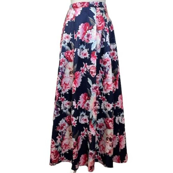 PROMGIRL Formal Maxi Skirt Lined Navy Floral Print Side Zipper Size Medium - Picture 1 of 11